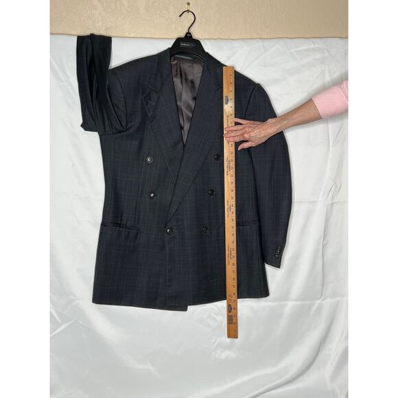 Zegna mens size 42 blazer gray windowpane wool double breasted no vent formal - Picture 4 of 10